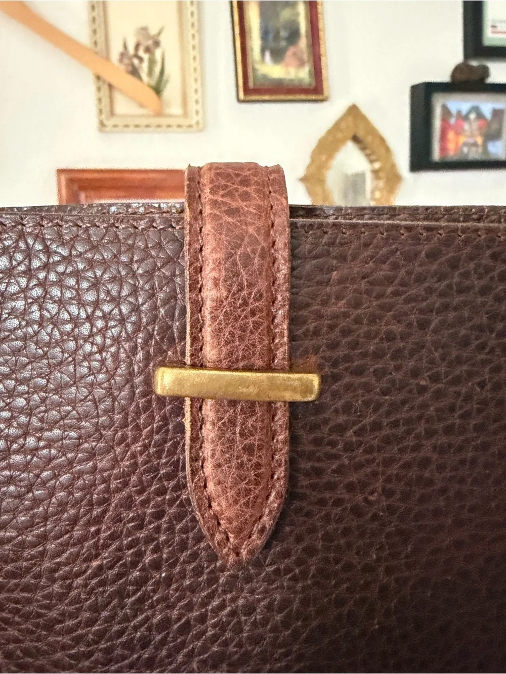 Vintage Handmade Dark Brown Pebbled Leather Long Bifold Wallet with Brass Accent